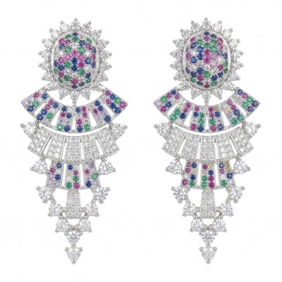 Authentic 10.7 carat Sapphire Ruby Emerald Rhodium over .925 Sterling Silver handcrafted Statement earrings