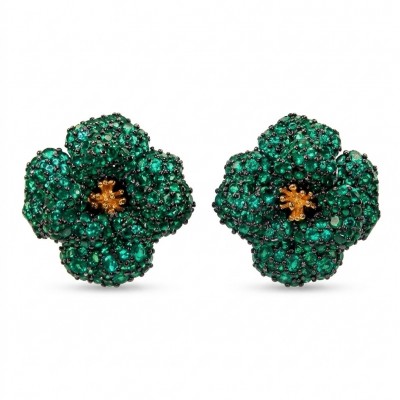 Exotic Flowers - 18.8 carat Colombian Emerald 2 tones .925 Sterling Silver dipped in rhodium handmade Statement Earrings