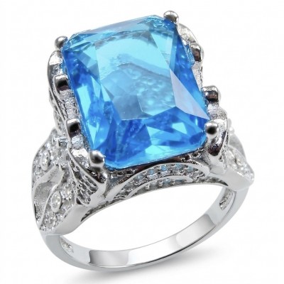 Blue OCEAN 14.3 carat Swiss Blue Topaz .925 Sterling Silver dipped in rhodium handcrafted ring size 7 1/2
