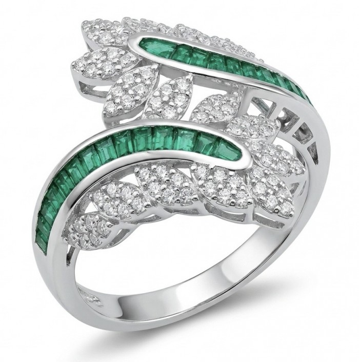 Art Deco 3.2 carat Colombian Emerald .925 Sterling Silver dipped in Rhodium handcrafted Ring size 7 1/2