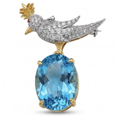 Bird on a Rock - Iconic design- Genuine 28.5 carat Aquamarine 18K Gold over .925 Sterling Silver handmade Pendant - Brooch