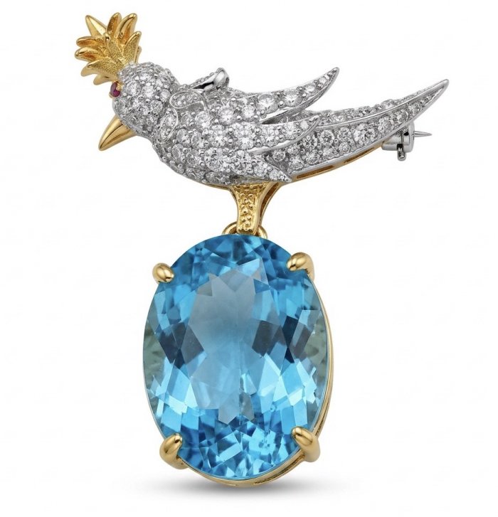 Bird on a Rock - Iconic design- Genuine 28.5 carat Aquamarine 18K Gold over .925 Sterling Silver handmade Pendant - Brooch - video