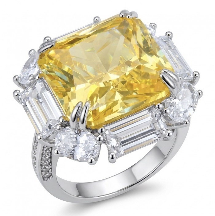 Art Deco - Luxurious assher cut 15.7 carat Yellow Sapphire 18K Gold over .925 Sterling Silver handcrafted Ring s. 8 1/4