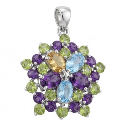 Beauty of Nature floral design 14.5 CARAT Multigem .925 Sterling Silver handcrafted pendant