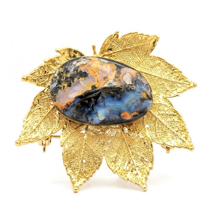 Stylish REAL Leaf dipped in 14K Gold 24.5 CARAT Boulder Opal .925 Sterling Silver Pendant