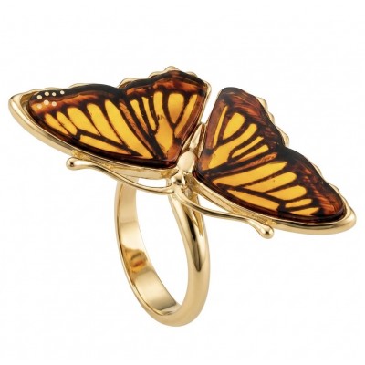 Butterfly Authentic Baltic Amber .925 Sterling Silver dipped in 18K Gold handcrafted ring; s. 6 adjustable
