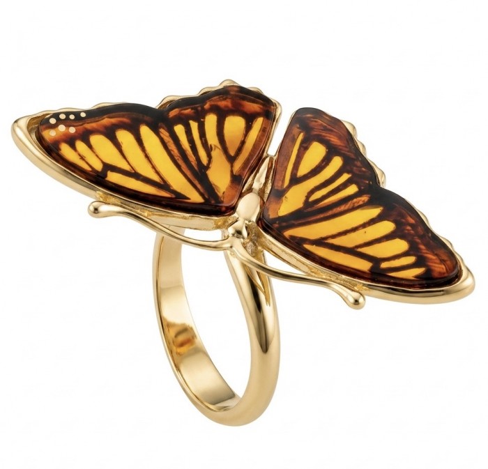 Butterfly Authentic Baltic Amber .925 Sterling Silver dipped in 18K Gold handcrafted ring; s. 6 adjustable
