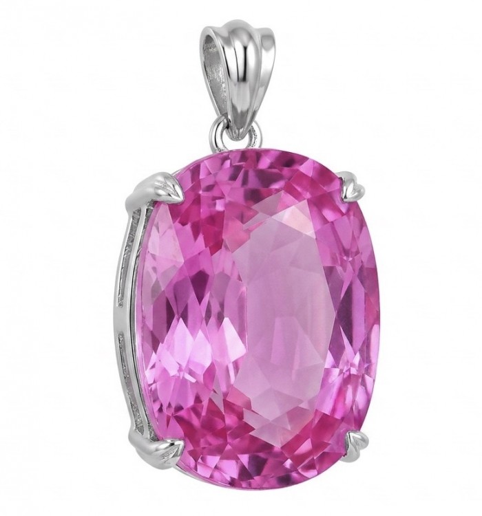Oval cut 28.8 carat Bubblegum Pink Sapphire from Madagascar .925 Sterling Silver handcrafted pendant