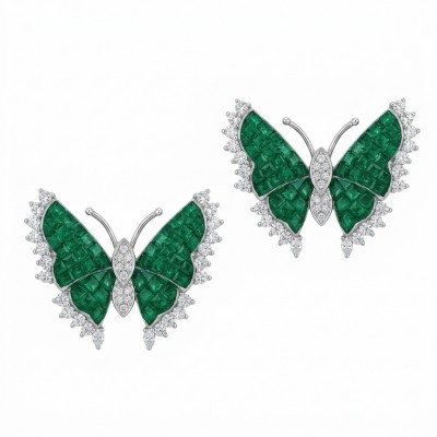 Incredible green Butterflies mystery setting genuine 11.5 CARAT Emerald .925 Sterling Silver handcrafted Earrings