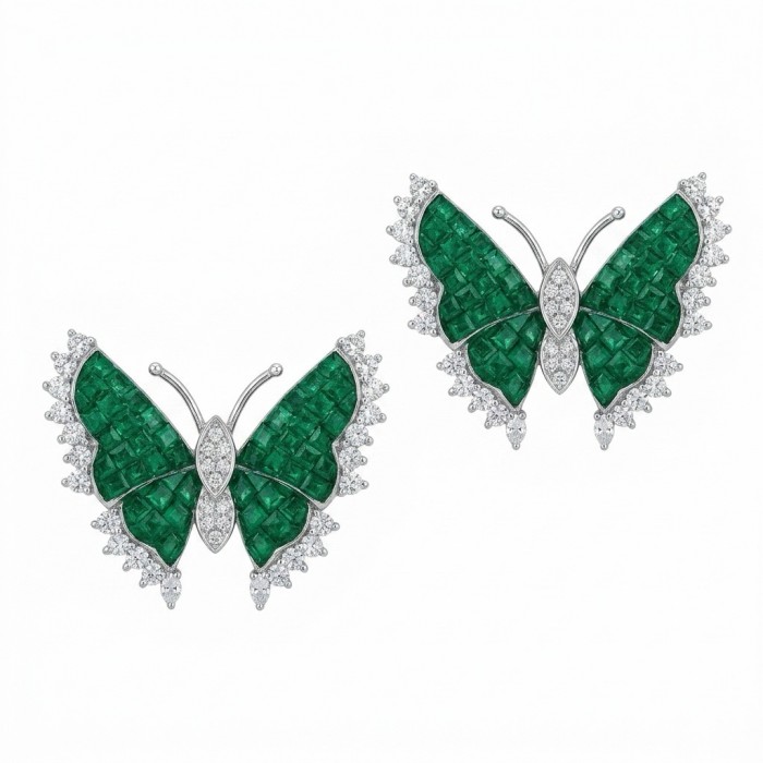 Incredible green Butterflies mystery setting genuine 11.5 CARAT Emerald .925 Sterling Silver handcrafted Earrings
