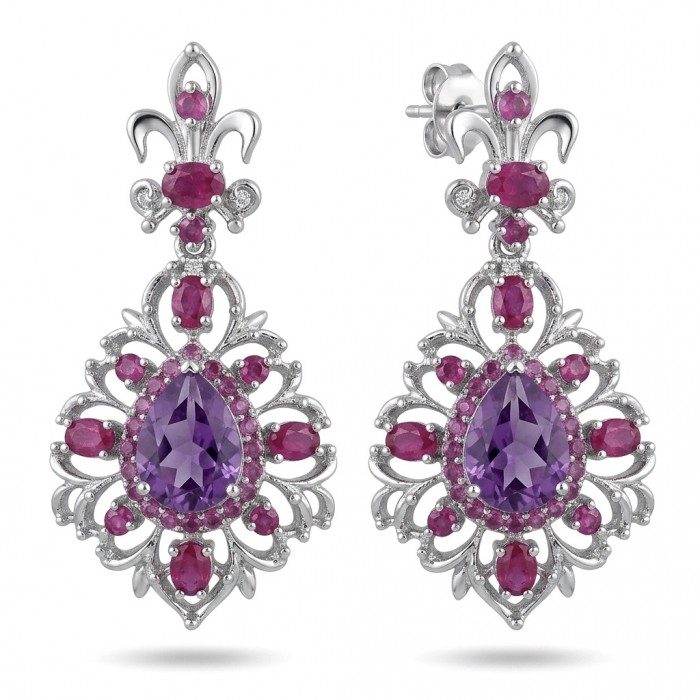 Francesca Genuine 22.7 carat Amethyst Kashmir Ruby rhodium over .925 Sterling Silver handcrafted earrings