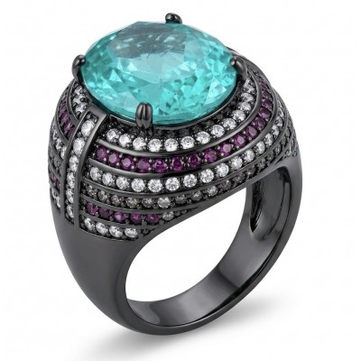 Carmen Authentic 12.4 carat Aquamarine black rhodium .925 Sterling Silver brilliantly handcrafted large Statement Ring size 8