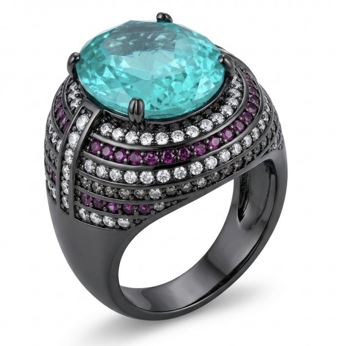 Carmen Authentic 12.4 carat Aquamarine black rhodium .925 Sterling Silver brilliantly handcrafted large Statement Ring size 8