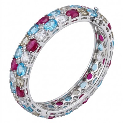 Fiesta Authentic 51.2 carat Morganite Ruby Swiss Blue Topaz .925 Sterling Silver handmade bangle Bracelet