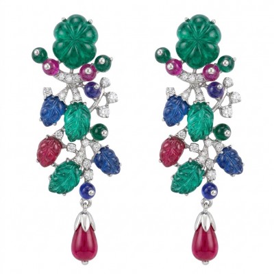 RARE BEAUTY! Valentina 28.2 carat CARVED Ruby Emerald Sapphire .925 Sterling Silver dipped in rhodium Statement handcrafted earrings