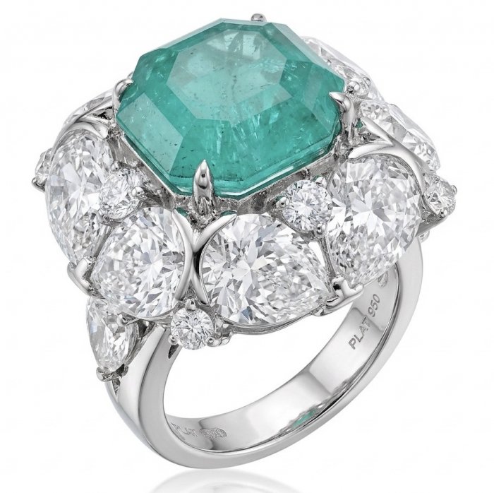 Elizabeth princess cut 14.8 carat Colombian Emerald 12.3 carat Moissanite .925 Sterling Silver dipped in Rhodium handcrafted Ring size 6 - video