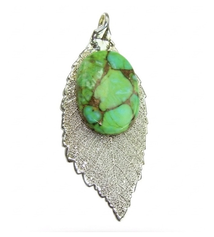 Stylish REAL Leaf dipped in .925 Sterling Silver Turquoise Pendant