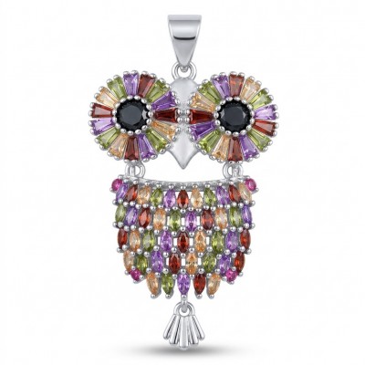 Precious Owl - 12.5 CARAT Multigem .925 Sterling Silver handcrafted pendant