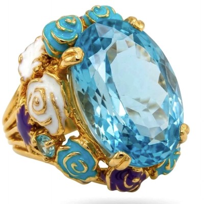 Blue Garden Natural 34.8 carat Swiss Blue Topaz Enamel .925 Sterling Silver dipped in 18K Gold handmade Large Statement Ring size 7 1/4