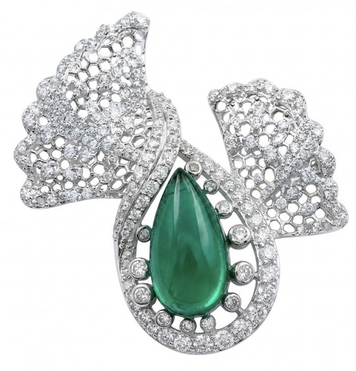 Black Label Collection - Retro Style - Genuine 10.5 carat Colombian Emerald .925 Sterling Silver handmade Brooch