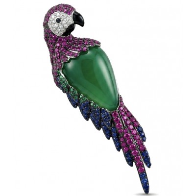 Vibrance & Joy - exotic Parrot - Genuine 22.4 carat Jade from New Zealand .925 Sterling Silver dipped in rhodium handmade Pendant - Brooch