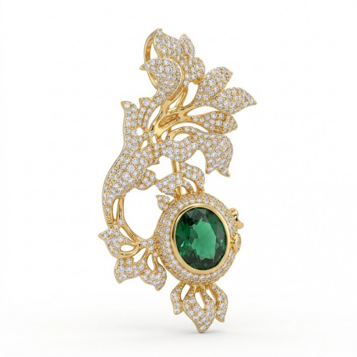Ultimate Treasure - floral design- 7.2 CARAT Emerald .925 Sterling Silver dipped in 22K Gold handcrafted Pendant Brooch