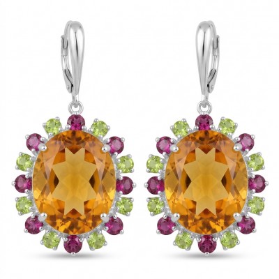 Floral design 24.2 carat Green Topaz rhodium over .925 Sterling Silver handcrafted earrings