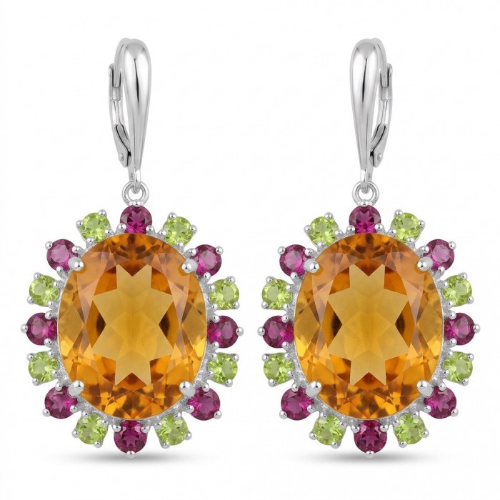 Floral design 24.2 carat Green Topaz rhodium over .925 Sterling Silver handcrafted earrings