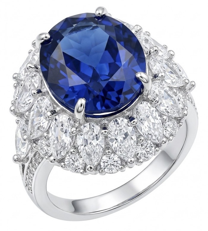 Precious Design oval cut 20.9 CARAT Tanzanite 18.4 carat Moissanite .925 Sterling Silver Statement Ring s. 9