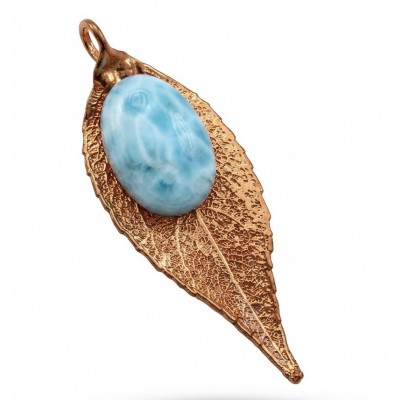 Stylish REAL Leaf dipped in gold REAL Larimar stone .925 Sterling Silver Pendant