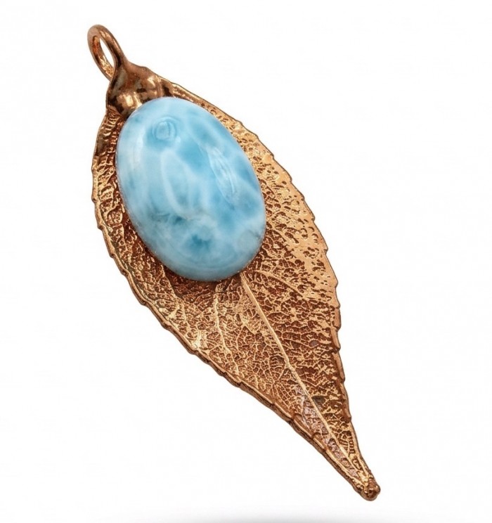 Stylish REAL Leaf dipped in gold REAL Larimar stone .925 Sterling Silver Pendant