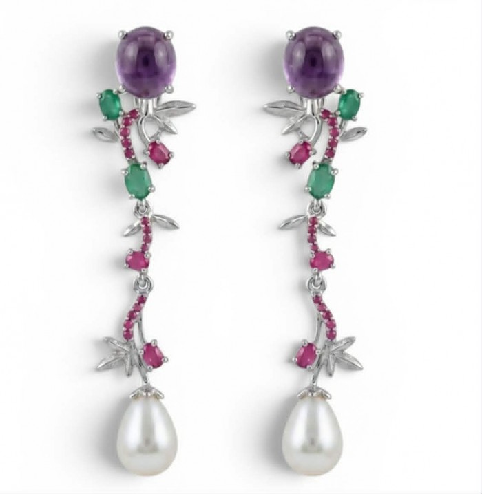 Tiffany Genuine Pearl 10.2 carat Amethyst rhodium over .925 Sterling Silver handcrafted Long Statement Earrings