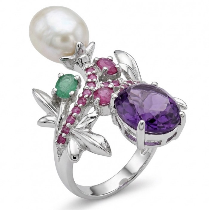 Tiffany Genuine Pearl 7.8 carat Amethyst rhodium over .925 Sterling Silver brilliantly handcrafted ring s. 8