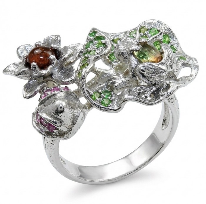 Flowers 10.2 carat natural Watermelon Tourmaline .925 Sterling Silver dipped in rhodium Perfectly handcrafted Ring s. 8 1/4