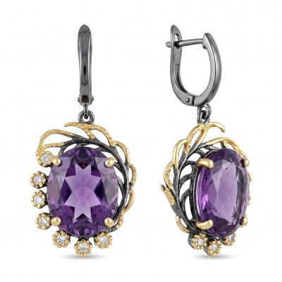 Elizabeth 25.5 carat Authentic Amethyst from Uruguay .925 Sterling Silver dipped in black rodium handcrafted Statement earrings
