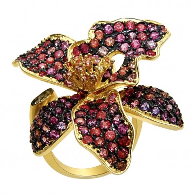Red Lotus Natural pave 8.2 carat Ruby .925 Sterling Silver dipped IN 18k Gold handmade Statement Ring size 6 adjustable