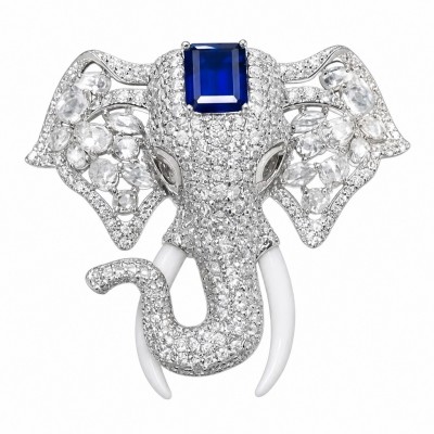 Attract YOUR Luck - ELEPHANT- 5.2 CARAT Sapphire .925 Sterling Silver dipped in rhodium handcrafted Pendant Brooch