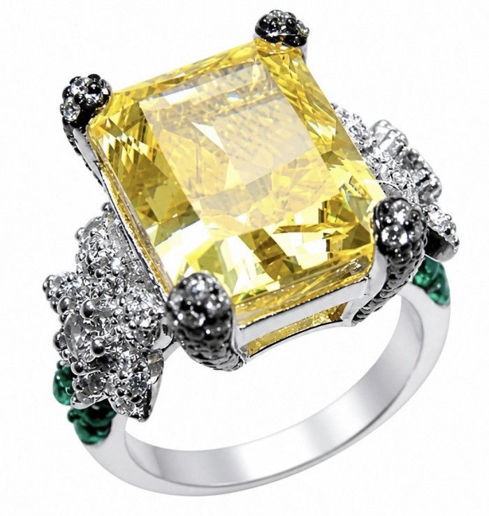 Jolie - Luxurious baguette cut 22.7 carat Yellow Sapphire rhodium over .925 Sterling Silver handcrafted Ring s. 6 1/4