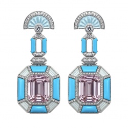 Emily - Art Deco - Precious genuine 12.2 carat Kunzite inlay Turquoise .925 Sterling Silver handcrafted earrings