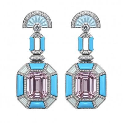 Emily - Art Deco - Precious genuine 12.2 carat Kunzite inlay Turquoise .925 Sterling Silver handcrafted earrings