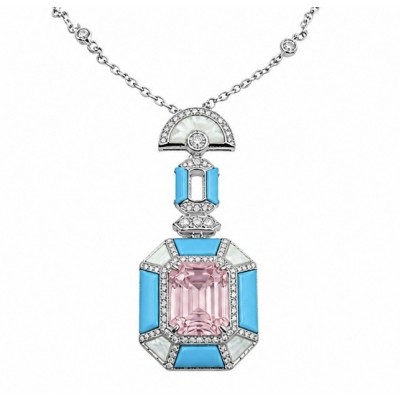 Emily - Art Deco - Precious genuine 8.4 carat Kunzite inlay Turquoise .925 Sterling Silver handcrafted necklace