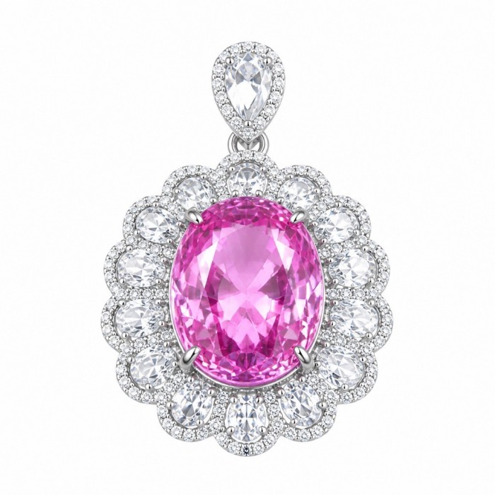 Beatriz Incredible oval cut 20.4 carat Pink Sapphire .925 Sterling Silver handcrafted pendant