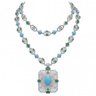 Art Deco - Pacifica - 178.4 carat Turquoise Emerald .925 Sterling Silver handmade Statement necklace; 24 inches long