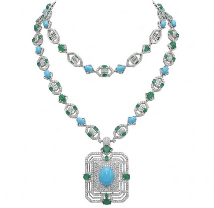 Art Deco - Pacifica - 178.4 carat Turquoise Emerald .925 Sterling Silver handmade Statement necklace; 24 inches long