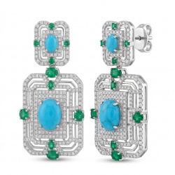 Art Deco - Pacifica - 108.8 carat Turquoise Emerald .925 Sterling Silver handmade Statement LONG Earrings