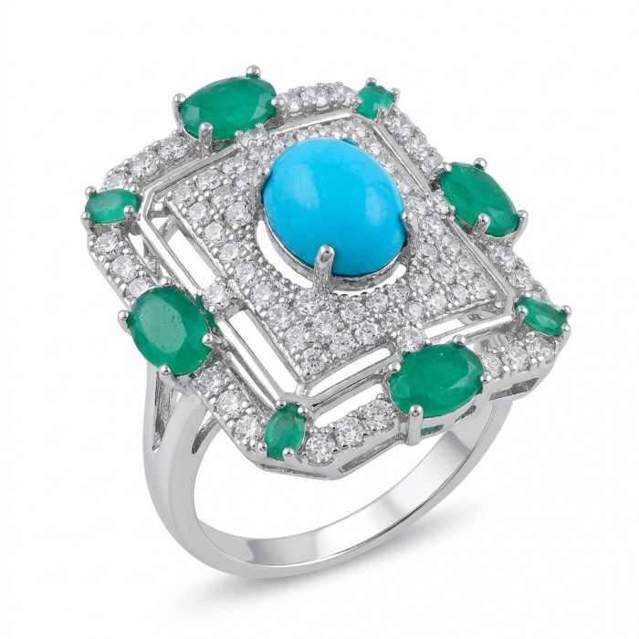 Art Deco - Pacifica - 18.4 carat Turquoise Emerald .925 Sterling Silver handmade Statement ring s. 8 adjustable