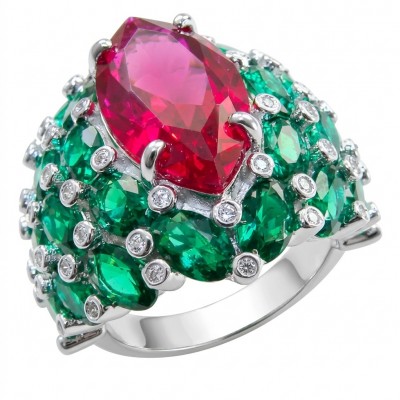 Giovanna 28.6 carat Ruby Emerald .925 Sterling Silver dipped rhodium handmade Huge Statement Ring size 9 1/4