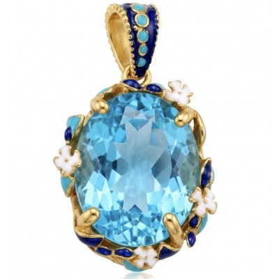 Atlantica - amazing quality heart cut 22.5 CARAT genuine Swiss Blue Topaz enamel 22K Gold over .925 Sterling Silver handmade pendant