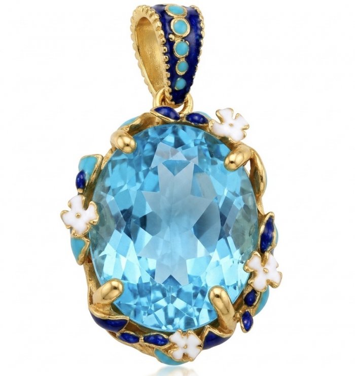 Atlantica - amazing quality heart cut 22.5 CARAT genuine Swiss Blue Topaz enamel 22K Gold over .925 Sterling Silver handmade pendant - video