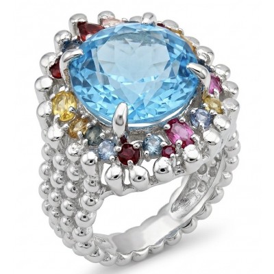 Ocean Blue Natural 22.8 carat Swiss Blue Topaz .925 Sterling Silver dipped in rhodium handmade Large Statement Ring size 8